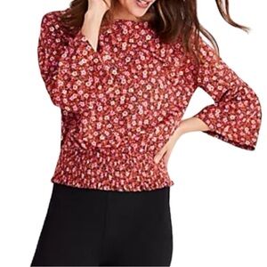 Ann TAYLOR FLORAL BELL SLEEVE SMOCKED WAIST TOP IN RIPE PERSIMMON SZ L